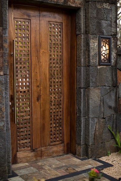 Wooden door of villa in Mauritius